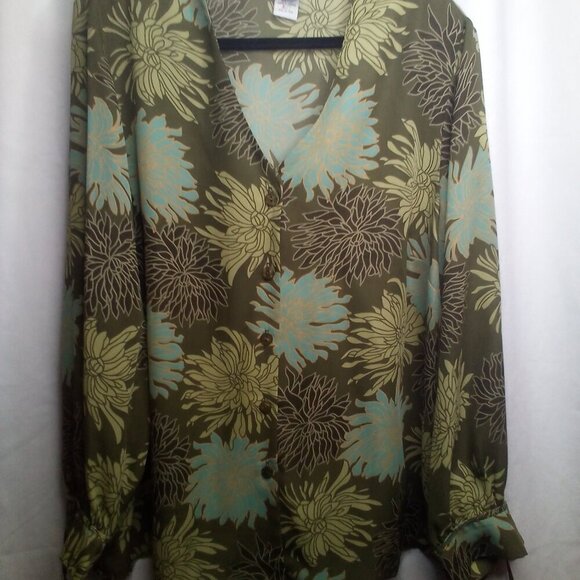 Giorgio Fiorlini Blouse Plus Collection 22 24 Button Up Long Sleeve Floral Green - Picture 14 of 16
